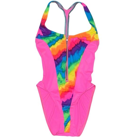 VTG 80’s High Cut Rainbow Neon Open Back Low Cut Zip Up One Piece Swimsuit - Picture 1 of 12